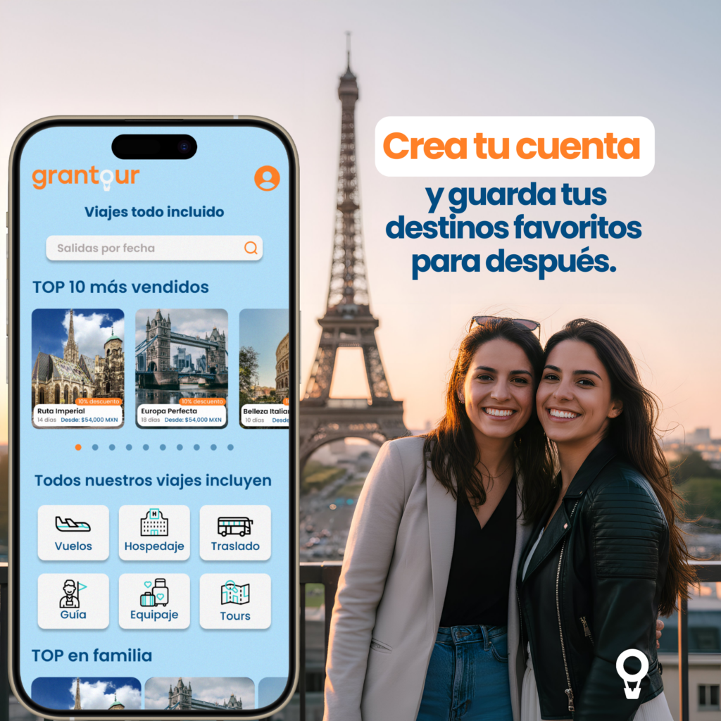 Puedes descargar la app Gran Tour desde tu dispositivo:
📱 iOS (iPhone / iPad): https://apple.co/4kAaVyj
🤖 Android: https://play.google.com/store/apps/details?id=com.grantour.app&pcampaignid=web_share

Con Gran Tour puedes:
• Planear tus viajes internacionales
• Organizar todo en un solo lugar
• Elegir pagos flexibles
• Viajar con quien tú quieras
